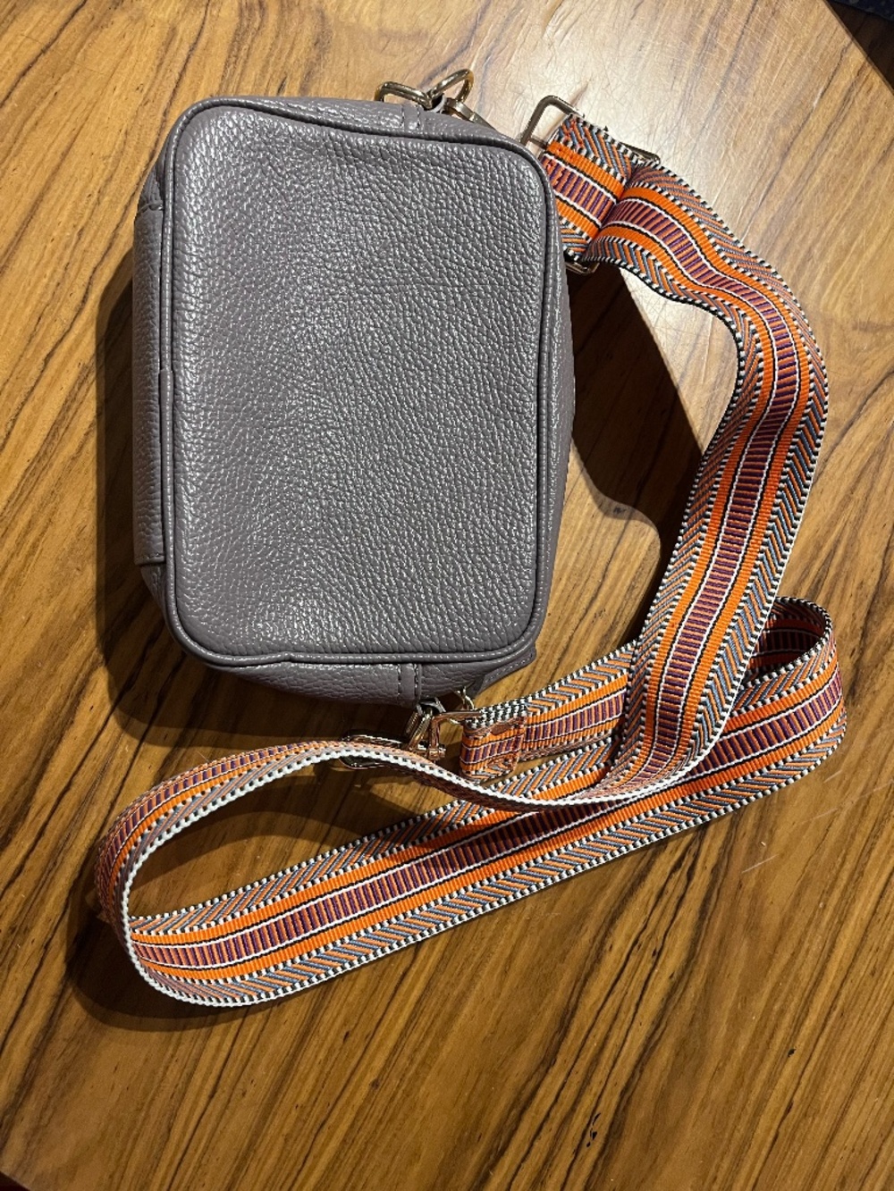 Grey Genuine Leather Crossbody Bag, orange strap, made in Italy, Elie Beaumont